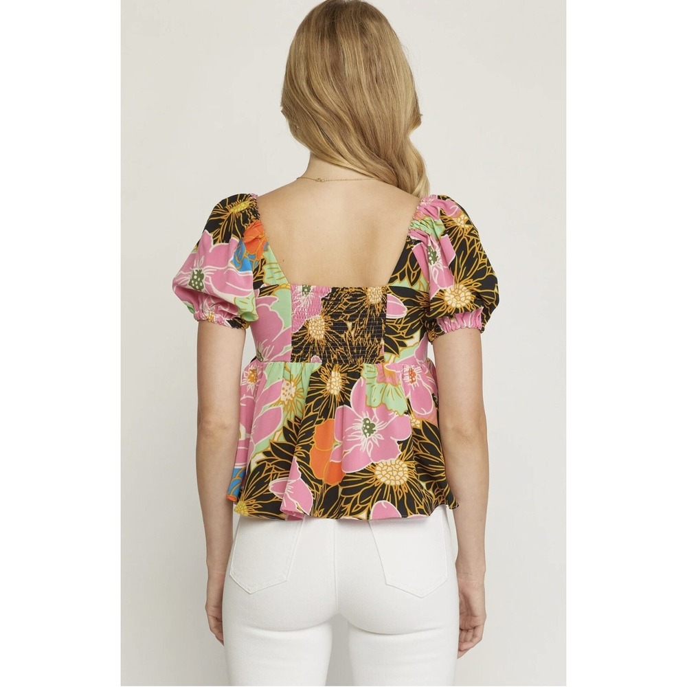 Entro Women's Vivian V-Neck Bubble Sleeve Top Medium Floral NWT - Picture 2 of 9